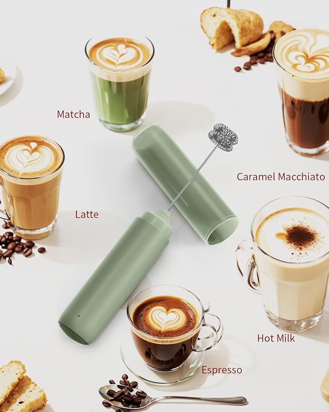 CIRCLE JOY Rechargeable Milk Frother Hanheld, Dual Ring Electric Coffee Frother, Portable Hand Frother Wand Drink Mixer for Matcha Lattes Cappuccino, Kitchen Gifts, Green