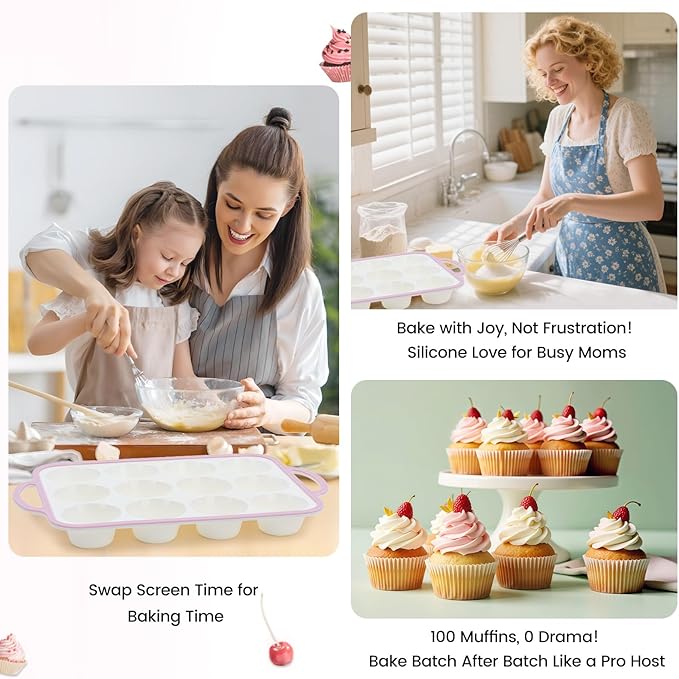 Silicone Muffin Pans for Baking 2 Pack, 2.6 Inch with Metal Reinforced Frame, Regular Size Nonstick Silicone Cupcake Pan for Baking Homemade Muffins, Cupcakes, Dishwasher Safe BPA Free-Pink