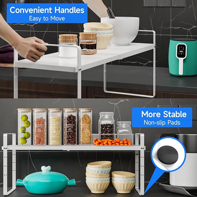 Expandable Cabinet Shelf Organizer, Stackable Kitchen Pantry Counter Storage, Adjustable Closet Cupboard Stand Rack Risers Spice Organization 80LBS Heavy Duty White 3 Pack