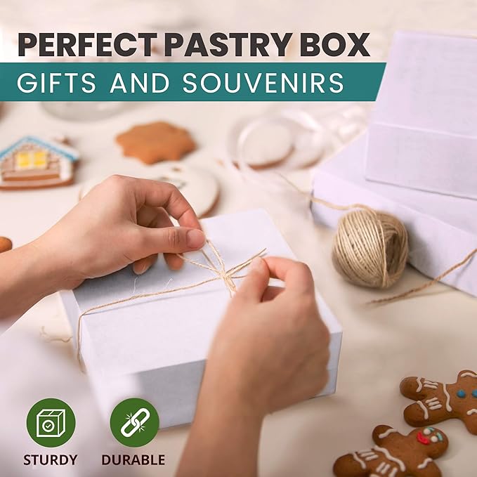 Fit Meal Prep 250 Pack White Bakery Boxes, 6 x 6 x 3 Inches Kraft Lined Pastry Boxes for Cupcakes, Chocolates, Donuts & Macarons