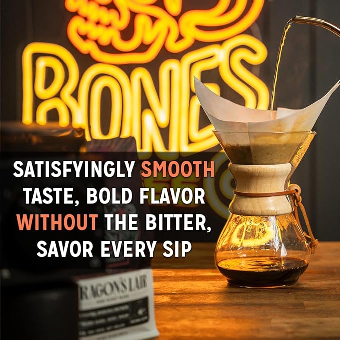 Bones Coffee Company Dragon's Lair, Smokey, Cacao and Caramelized Sugar Notes, Unflavored Coffee, Medium Roast Low Acid Arabica Beans Compatible with Auto drip and French Press Coffee Maker, 12 Oz Whole Bean