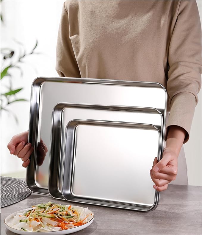 Small Cookie Baking Sheet Pans Stainless Steel 304 Little Serving Tray 10.4 x8.1 x1.1Inch (Diagonal 12.3) Reheat Food Small Items No Rust Dishwasher Safe for 2 Person 2 Pack