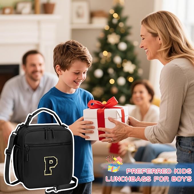 Initial Insulated Lunch Bag for Boys Kids, Back to School Gift, Reusable Leak-proof Lunch Box with Adjustable Strap for School Daycare Travel Picnic(Black,P)