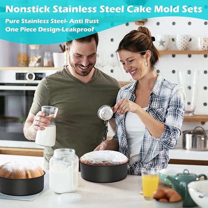 LIANYU Round Cake Pans Set of 2, 6 Inch Round Layer Cake Tins for Baking, Nonstick Stainless Steel Round Baking Pan, Bakeware for Oven & Dishwasher, Non Toxic & Heavy Duty, Black