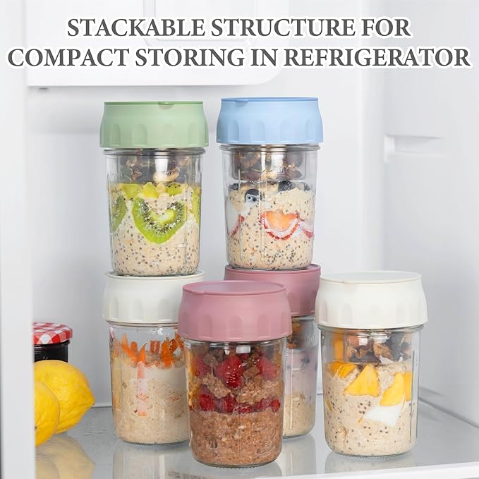 SOLIGT 2 Pack Overnight Oats Containers with Lids, Folding Spoons, and Divided Compartments for Fruit & Nuts, Small Glass 16oz Mason Jars for Oatmeal Yogurt Parfait (2 Set-Oat White/Organic Green)
