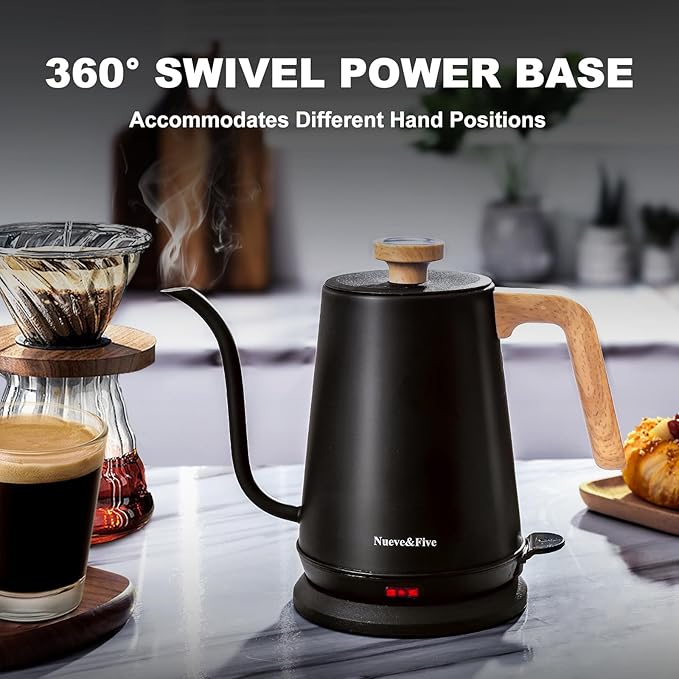 Nueve&Five Gooseneck Electric Kettle with Thermometer, Black Electric Kettle 1L with Auto Shut-Off,1000W Hot Water Kettle of Stainless Steel, Pour Over Kettle for Coffee & Tea