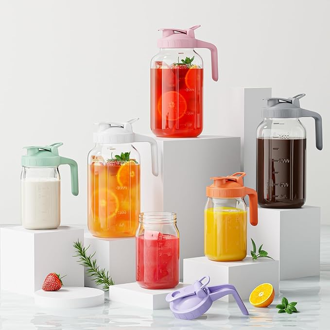 Glass Mason Jar Pitcher, 64 oz Wide Mouth Jug with Pour Spout Handle Lid for Cold Brew Coffee, Ice Beverage, Iced Juice, Lemonade, Sun Tea, Fruit Drinks Container(Green)