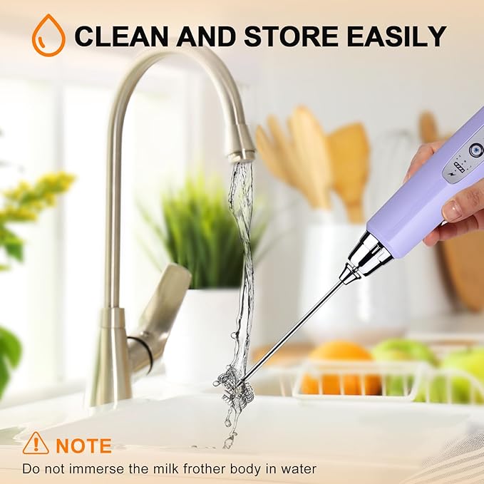 YUSWKO Light Purple Handheld Milk Frother Wand for Coffee, Rechargeable Electric Whisk with 3 Heads 3 Speeds Drink Mixer Coffee Frother For Latte, Cappuccino, Hot Chocolate, Egg