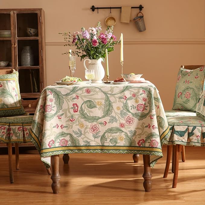 patdrea Designer Green Extra Long Table Cloth for Rectangle Table,Vintage Linen Leaves Pattern Tablecloth,Floral Cover Decor for Kitchen Dining Christmas,Thanksgiving,Tea Party,63"x110"-Cecilia a