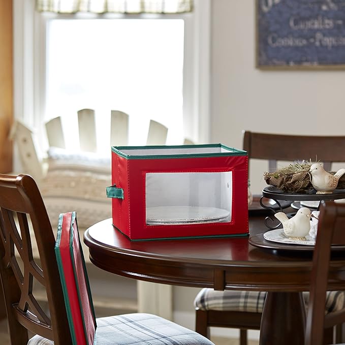 Household Essentials 536RED Holiday China Storage Chest with Lid and Handles | Dinner Plate | Red Canvas with Green Trim