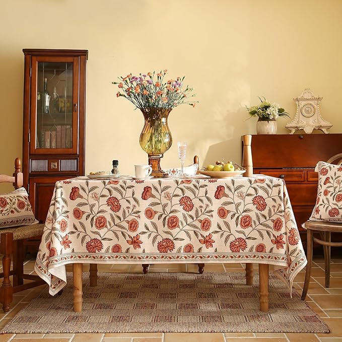 ISAENNE Designer French Extra Long Rectangular Tablecloth,Linen Orange Floral Pattern Indoor Table Cloth,Wrinkle Resistant Decor Table Cloth for Dining Thanksgiving Kitchen,67"*118"-Alvarado D