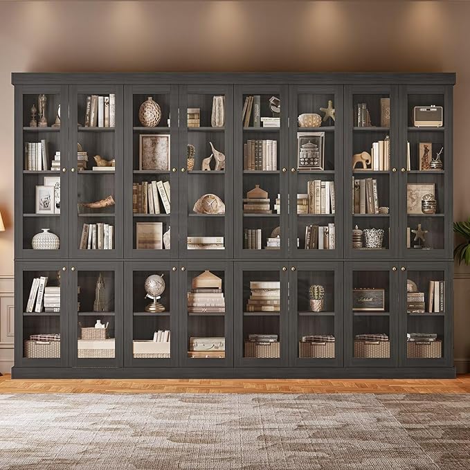70.8" Tall Black Bookshelf with Glass Doors, Farmhouse Modular Bookcase with 6-Tier Adjustable Shelves, Large Storage Cabinet for Home Office, Living Room, Set of 2