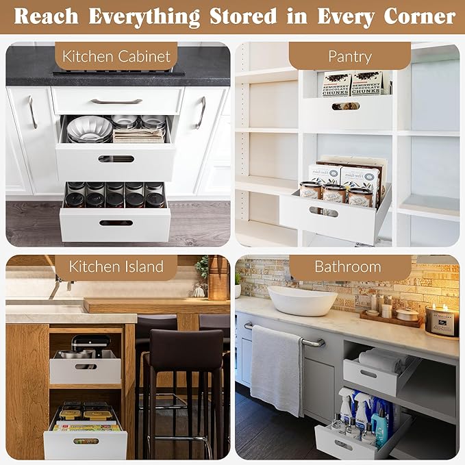 HBL' 1 Pack | 21" Deep Pull Out Cabinet Organizer Adhesive, 10-Inch Wide Sturdy Carbon Steel Roll-Out Drawers for Face Frame or Frameless Cabinets,Slide-Out Shelves for Pantry.