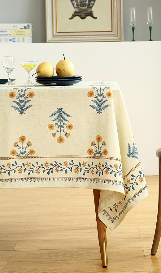 ISAENNE Designer French Pale Yellow Rectangular Tablecloth,Linen Floral Table Cloth,Wrinkle Resistant Decor Tablecloths for Dining Thanksgiving Banquet Kitchen Party,55"*87"-Estevan A