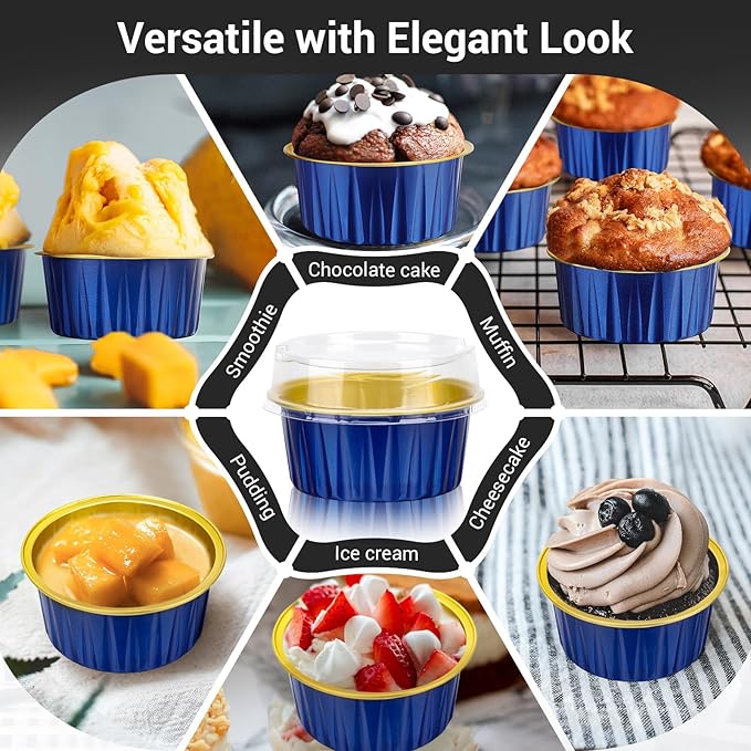 EUSOAR Aluminum Foil Baking Cups with Lids, Royal Blue 100pcs 5oz Creme Brulee Ramekins Disposable, Muffin Liners Cups,Mini Cheesecake Foil Pans Dessert Containers with Lids for Party Favor Birthday