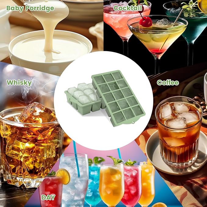 FANYITY Silicone Ice Cube Trays 2-Pack with Locks lids,Easy Release Ice Molds for Freezer,Perfect for Cocktails, Whiskey, Coffee