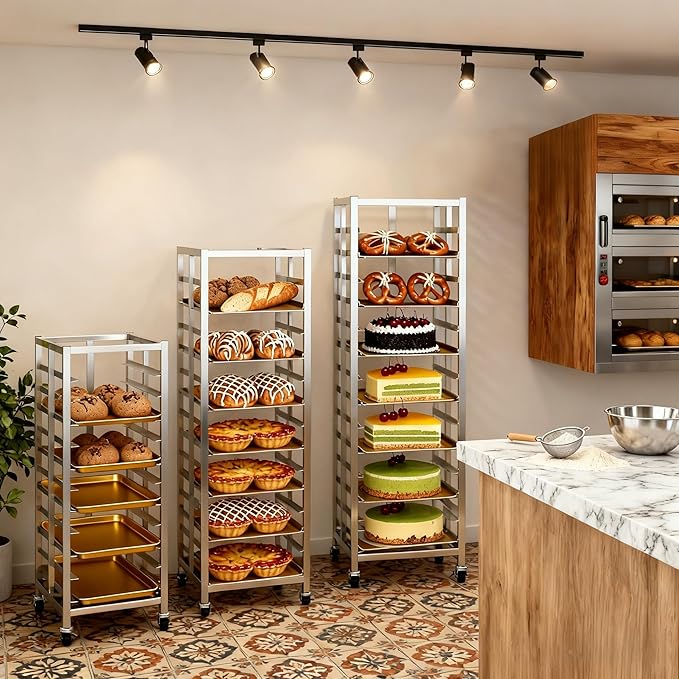 Bun Pan Rack, Commercial Bakery Sheet Rack with Brake Wheels, 30-Tier Stainless Steel Baking Tray Food cart ,for Bakeries Restaurant & Catering(Trays Not Included) (30 Tier)