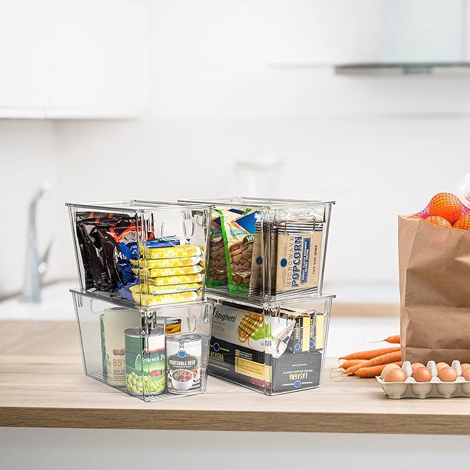 ClearSpace Modern Plastic Storage Bins with Lids Perfect Kitchen Organization or Pantry Fridge Organizer, 8 Pack, Transparent, Rectangular, 12.5" x 6" x 7", 9L Capacity, 8 Compartments