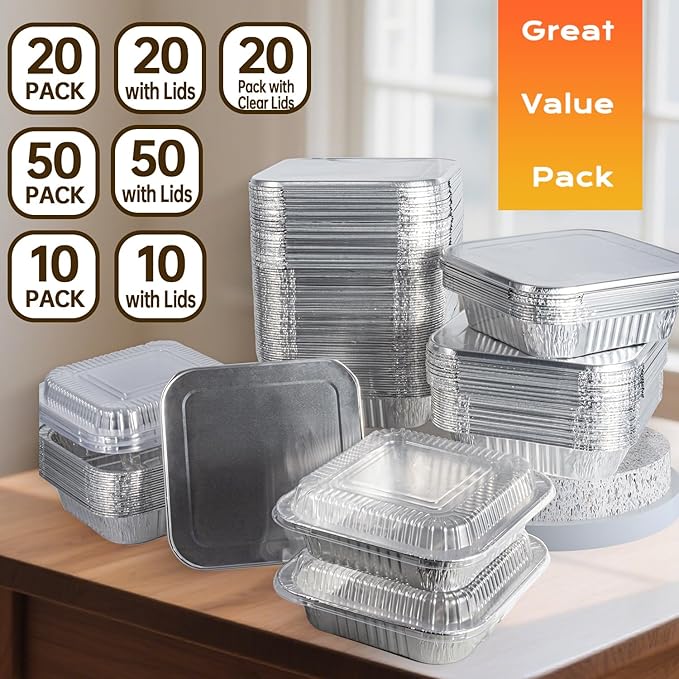 Aluminum Pans 8x8-20 Pack Disposable Foil Pans, Heavy Duty Aluminum Roasting Trays for Baking, Cooking, Heating, Storing, Prepping Food