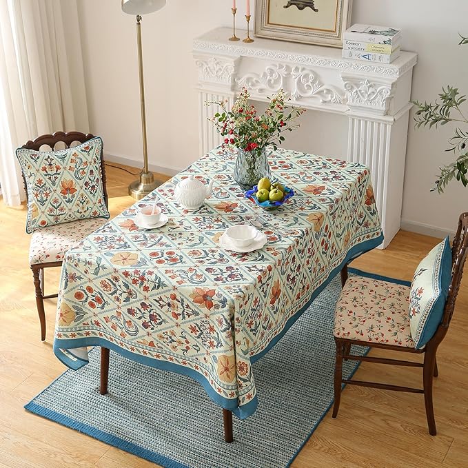 ISAENNE Designer Linen Elegant Long Tablecloth Rectangular,Colorful Floral Bohemian Table Cloth,Wrinkle Resistant Decor Tablecloths for Dining Thanksgiving Kitchen,63"*102"-Floralsea A
