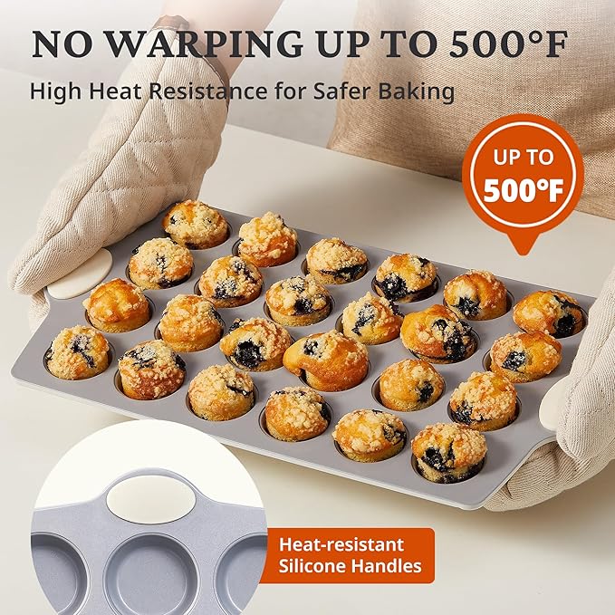 BRONYPRO Ceramic Mini Muffin Pan, 24-Cup Nonstick Aluminized Steel Cupcake Pans, Healthy Non-Toxic Ceramic Coating Mini Muffin Tin, 1Pack Cup Cake Pans for Baking Cream