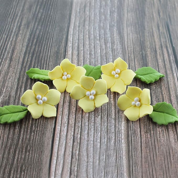 Global Sugar Art Blossoms and Leaves Edible Sugar Cake & Cupcake Flowers, Yellow, Small Unwired, 24 Count with Leaves by Chef Alan Tetreault