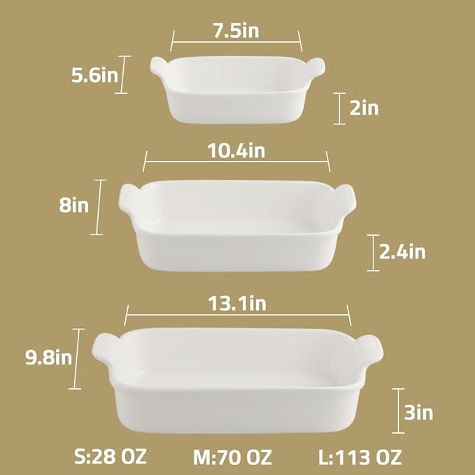 Sweejar Baking Pans Set, Ceramic 9x13 Baking Dish with Handle, Rectangular Casserole Dishes for Oven, Bakeware Sets of 3, Durable Lasagna Pan Deep for Kitchen, Banquet, Wedding Gift(Yellow)