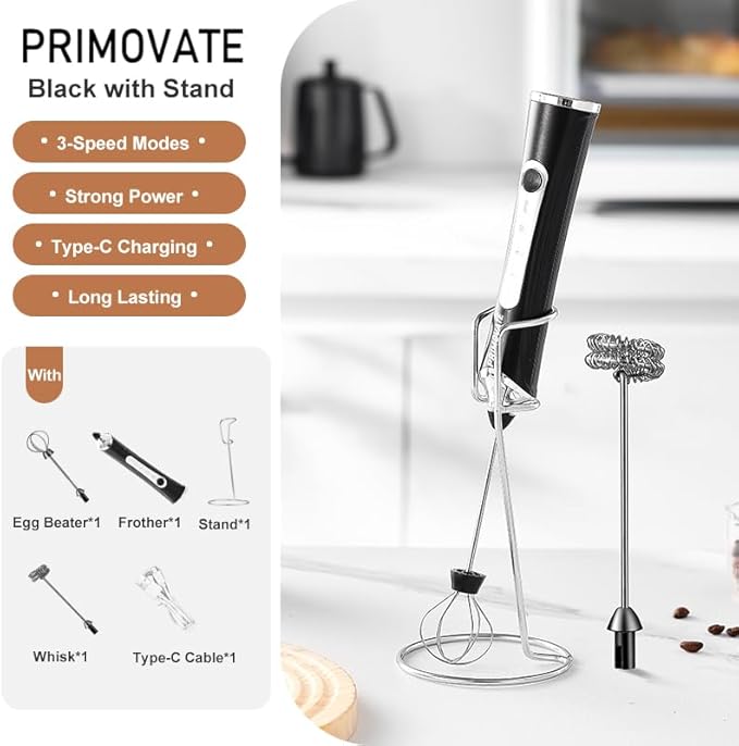 Rechargable Milk Frother, Handheld Drink Mixer with Whisk Attachment, 2025 upgraded, powerfull 3 speed motor, Type C charging with charge light, with extra egg mix head (Black without Stand)