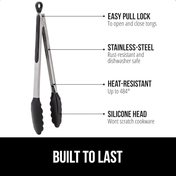 GORILLA GRIP Stainless Steel Heat Resistant Kitchen Tongs for Cooking, 7 + 9 + 12 Inch Set of 3 BBQ Tong, Non Scratch Silicone Tip for Pans, Strong Grip, Grab Food, Toss Salad, Pull Lock, Black