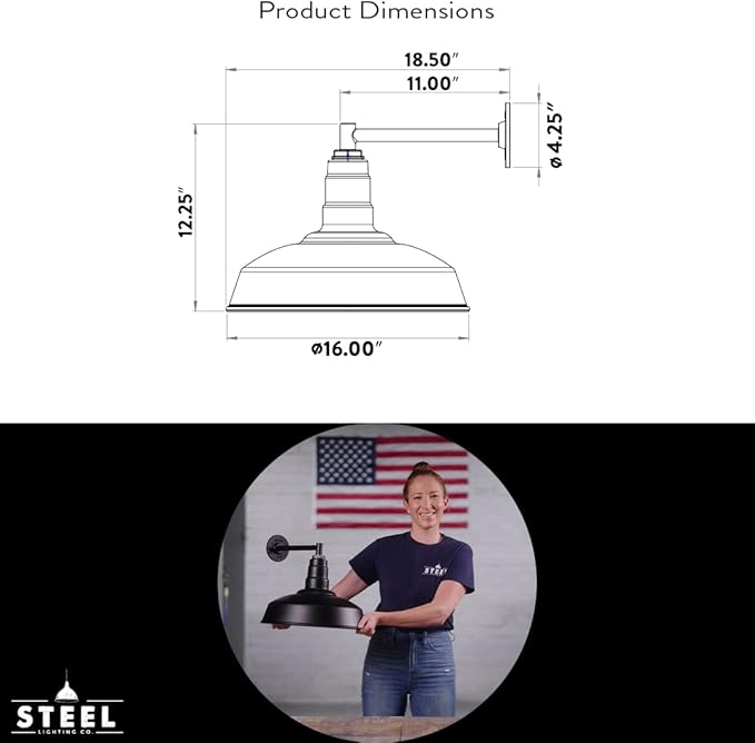 Steel Lighting Co. Gardena Barn Light | Outdoor Wall Mounted | 16" Dome | 11" Straight Arm | Farmhouse Light Made in America | Matte Black Exterior/Brass Interior