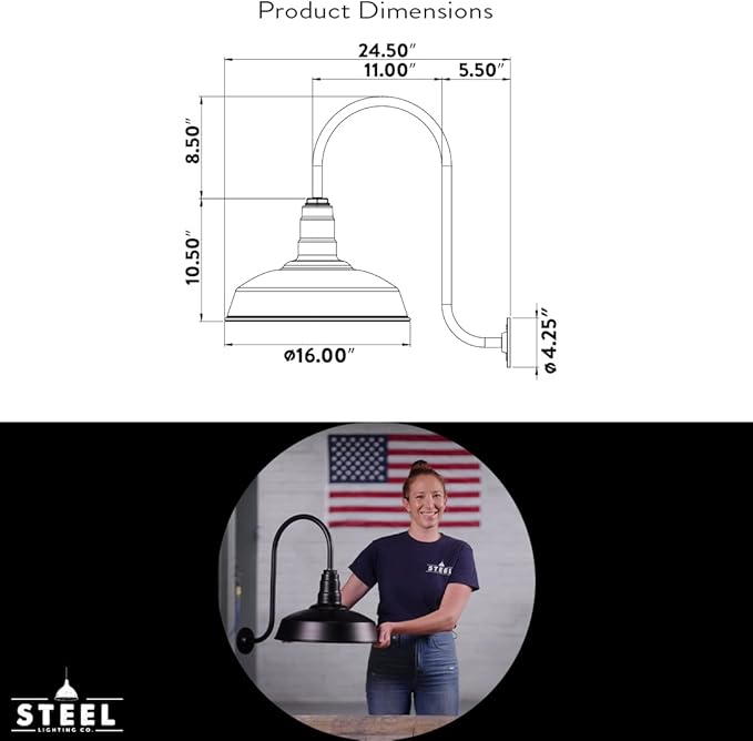 Steel Lighting Co. Gardena Barn Light | Outdoor Wall Mounted | 16" Dome | Upslope Gooseneck | Farmhouse Light Made in America | Green Exterior/White Interior