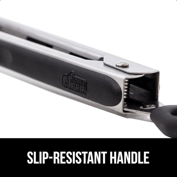 GORILLA GRIP Stainless Steel Heat Resistant Kitchen Tongs for Cooking, 9 + 12 Inch, Set of 2 BBQ Tong, Non Scratch Silicone Tip for Pan, Strong Grip, Grab Food, Toss Salad, Air Fryer, Pull Lock, Black
