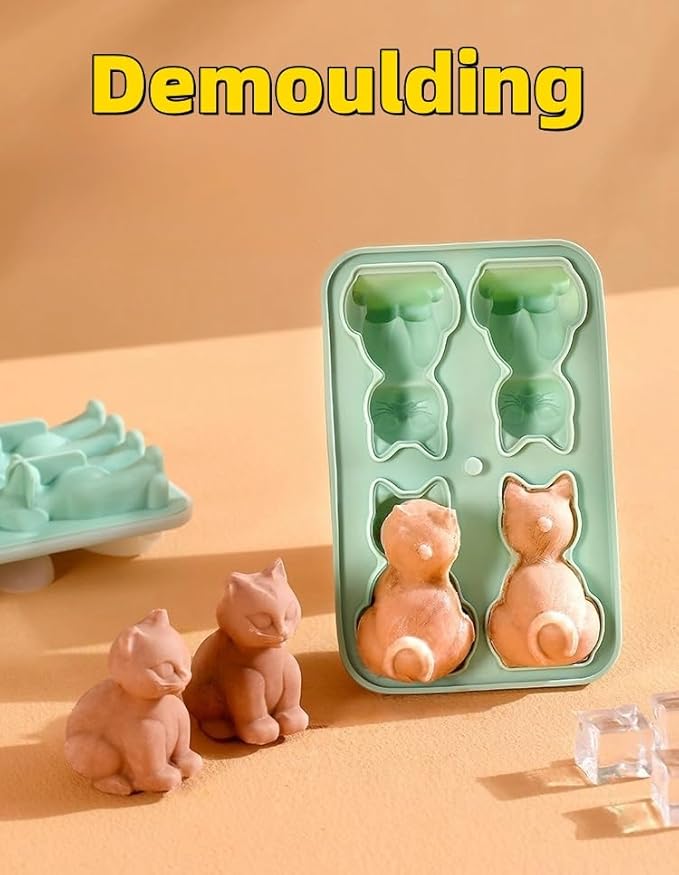 Cute 3D Cat Silicone Ice Cube Tray Mold Cartoon Animal Ice Box BPA-Free (Green)