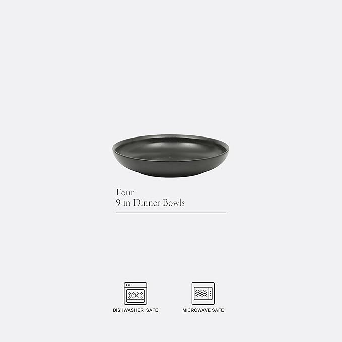 Gibson Elite Beckett 4-Piece 9 Inch Dinner Plate Bowl Set – Reactive Glaze Stoneware – Shallow Serving Pasta Bowls (Blate) – Round Wide-Rim Design – Microwave & Dishwasher Safe - Black