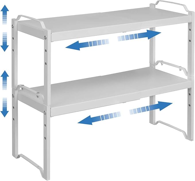 2 Pack Expandable Kitchen Cabinet Shelves Organizers, Stackable Adjustable Small Storage Shelf Rack Stand Riser for Pantry Cabinet Cupboard Kitchen Counter Organization, 22 lbs Capacity, Length:20.5"