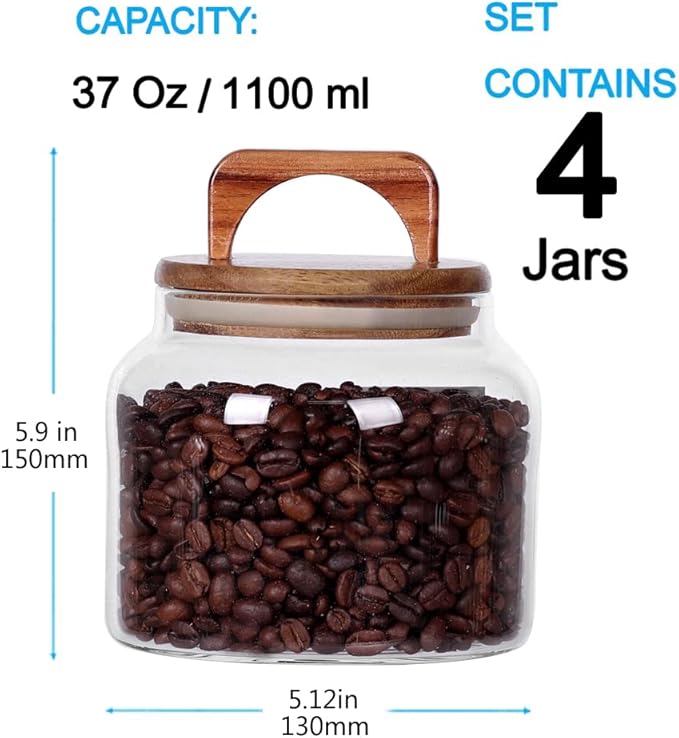 SAIOOL Glass Jars with Airtight Lid [Set of 4],Kitchen Canisters, Borosilicate Storage Containers,Retro Design, jars for Candy,Cookie,Rice,Sugar,Flour, Flour,Pasta,Nuts and Spice Jars