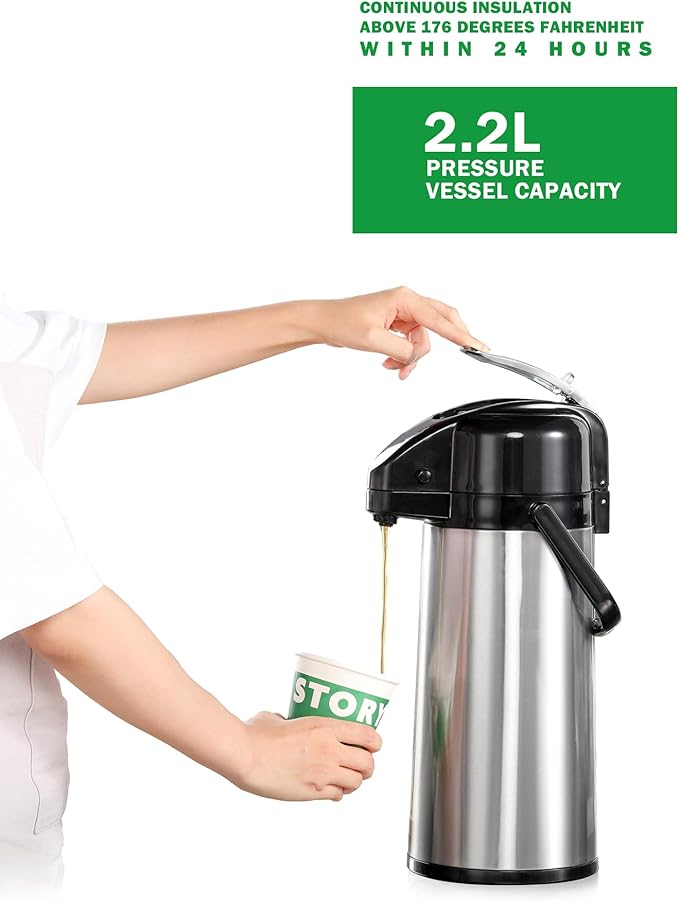 Commercial Airpot Coffee Brewer 2.2L/74oz Dirp Coffee Maker with 24H Insulated Thermal Carafe Stainless Steel Pour Over Coffee Machine 120V/1450W COFFEE Dispenser for Café Restaurant Cafateria