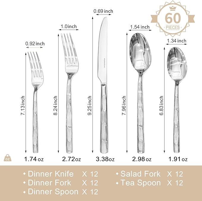 KINGSTONE Silverware Set, 60-Piece 18/10 Stainless Steel Brushed Handle Flatware Cutlery Set, for Kitchen, Home, Party, Wedding Gift, Rust Resistant and Dishwasher Safe