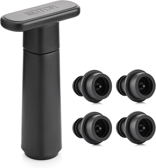 WOTOR Wine Saver Vacuum Pump with 4 Stoppers, Wine Stopper & Preserver, Reusable Bottle Sealer Keeps Fresh, Ideal Accessories Gift (Flat Handle)