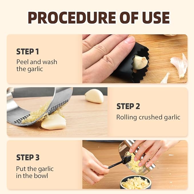 2026 New Garlic Press Rocker, Upgrade Garlic Press Stainless Steel, Portable Manual Stainless Steel Garlic Press Rocker, Innovative Garlic Crusher with Peeler and Scraper (3)