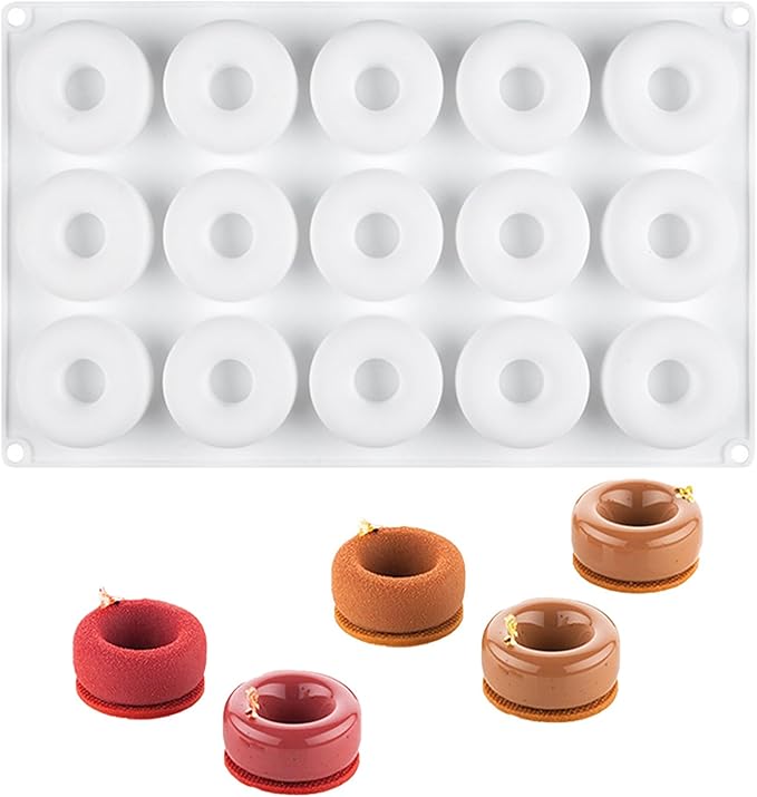 OCPO KITCHEN Doughnut Silicone Molds for Baking Mousse Cake, 3D Silicone Baking Mold for Candy Pastry Chocolate Truffle Cupcake Jelly Cookie Pudding Cake Decoration Mold, Doughnut Shape (15-Cavity)