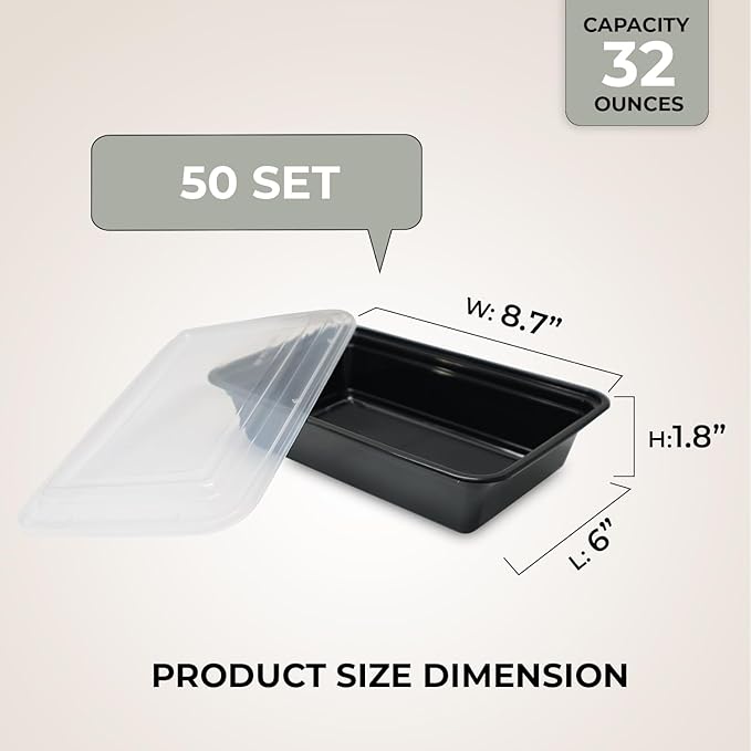 Klex 32 Oz, 50 Sets Meal Prep Containers with Airtight Lids, BPA Free, Reusable Plastic Food Container, 32 oz, Rectangular, Black/Clear, 50 Sets
