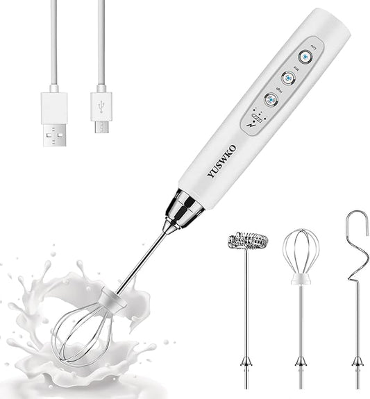 YUSWKO White Handheld Milk Frother Wand for Coffee, Rechargeable Electric Whisk with 3 Heads 3 Speeds Drink Mixer Coffee Frother For Latte, Cappuccino, Hot Chocolate, Egg