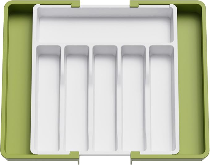 Lifewit Silverware Drawer Organizer, Expandable Utensil Tray for Kitchen, BPA Free Flatware and Cutlery Holder, Adjustable Plastic Storage for Spoons Forks Knives, Large, Green&White