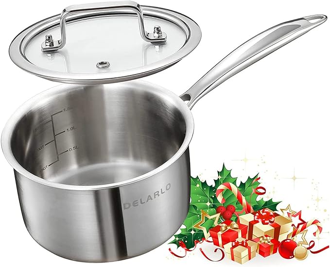 DELARLO Stainless Steel Small Brushed Saucepan With Lid, Induction Cooking Sauce Pot Pans, 18/8 Tri-Ply Heavy Bottom Saucier Cookware, Dishwasher Safe & Oven Safe(2 Quart)