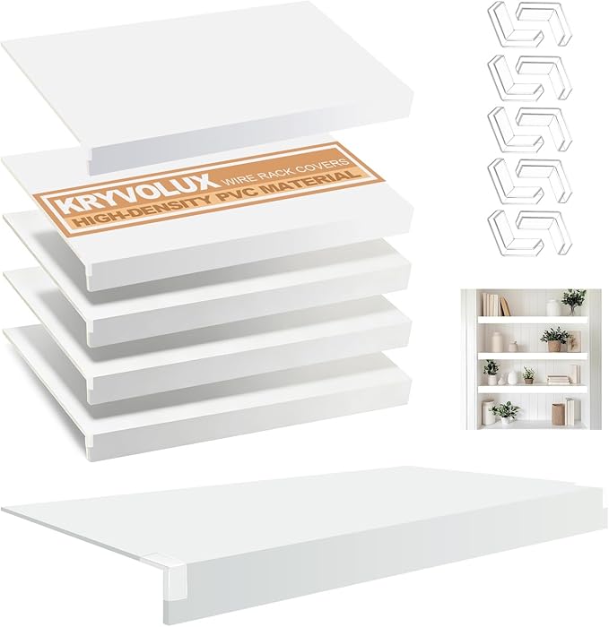 5 Pcs Wire Rack Covers 33x16x3 inch PVC Pantry Shelf Cover 0.31 inch Thick Removable Closet Wire Rack Shelf Covers,Decoration Kitchen Bathroom Office Shelving (Light luxury white,33x16x3 inch)