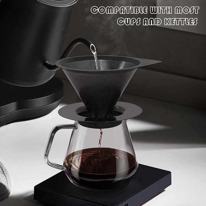 LHS Pour Over Coffee Dripper Reusable Coffee Filter Paperless Coffee Filter Stainless Steel Pour Over Coffee Maker Cone Coffee Dripper for 1-2 Cup,Black