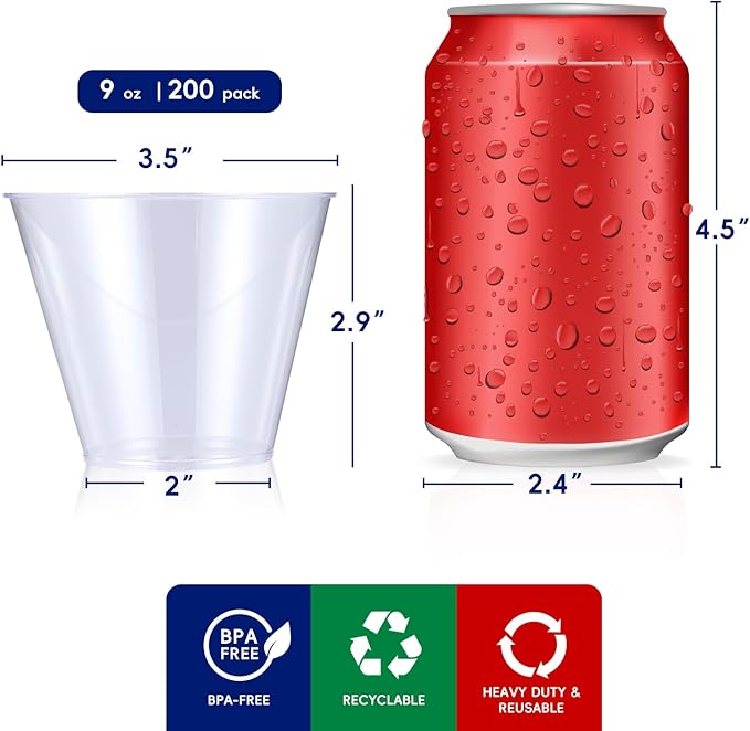 JOLLY CHEF 𝟐𝟎𝟎 𝐏𝐚𝐜𝐤 𝟗 𝐨𝐳 Clear Disposable Plastic Cups Heavy-duty Party Glasses, Disposable Cups for Thanksgiving, Halloween,Christmas Party