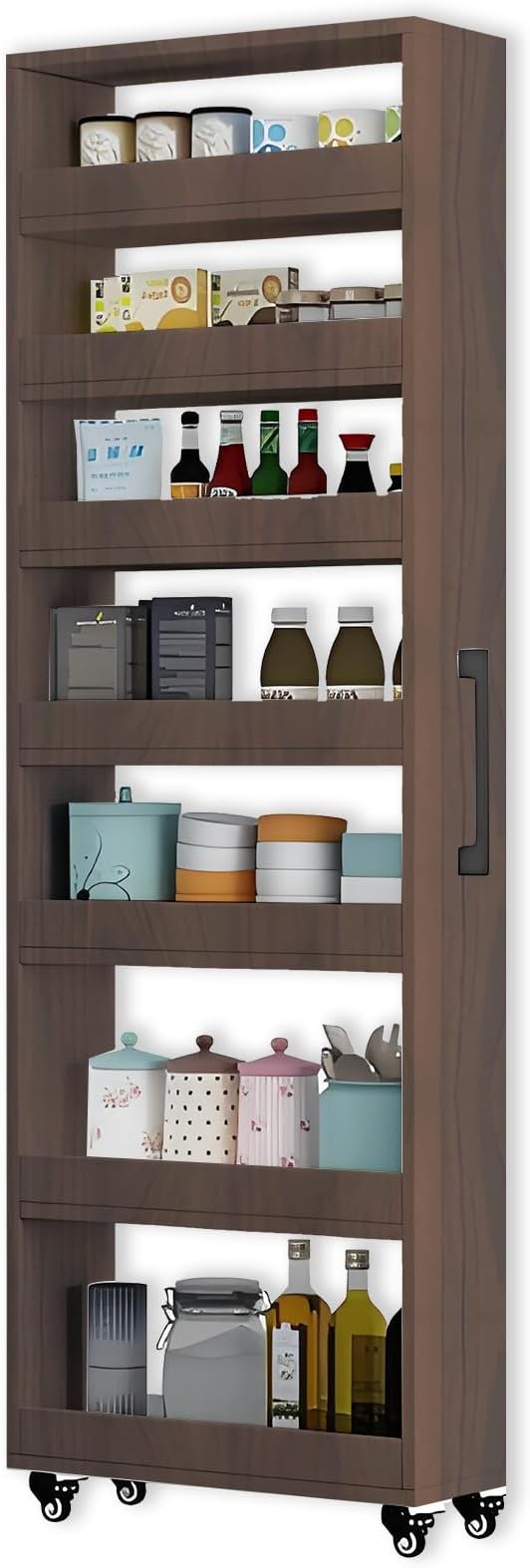 7-Tier Slim Storage Cart, Wooden Rolling Pantry Cabinet with Wheels, Narrow Shelf Organizer for Kitchen, Bakers Rack, Dining Room, Closet, Small Spaces Teak 47.2" H*7.8" W*16.9" D