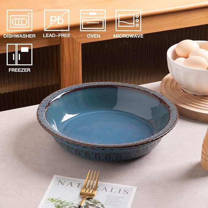 Sweejar Ceramic Pie Pan for Baking,Round Baking Dish Pan for Dinner 10 Inches, Pie Dish Non-Stick Pie Plate for Quiche, Tart, Cake, Pumpkin Pie, Pot Pies(Blue)